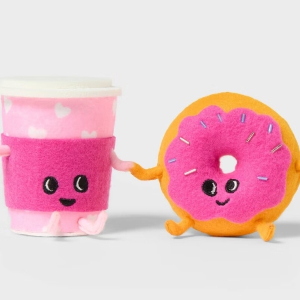 Spritz Pink and Orange Coffee Cup and Donut Plush Decor